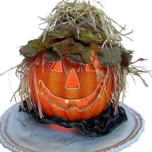 Vintage Halloween Pumpkin Scarecrow Fiber Optic Color Light Jack O Lantern 12"